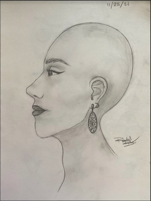 grayscale bald woman